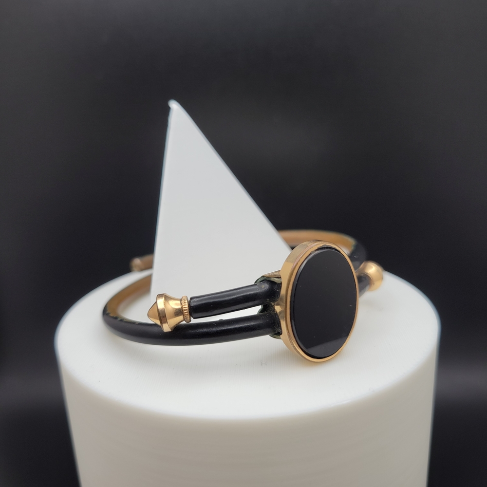 Antique Victorian Mourning Bangle Black Vulcanite & Onyx, Gold Filled c1890